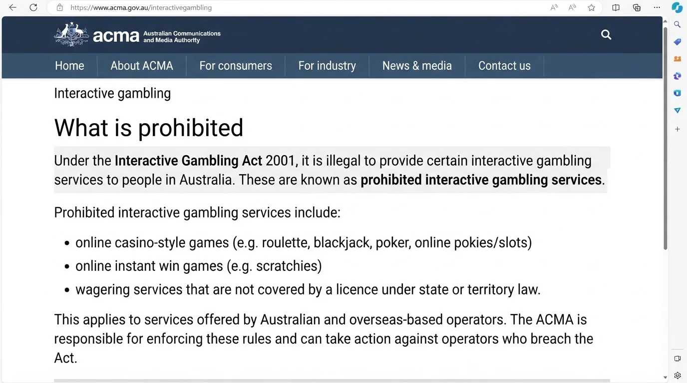 ACMA information on prohibited online casino services in Australia